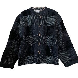 Silver Stream Patchwork Velvet Floral Wood Toggle Jacket Navy Blue-Black Size OS